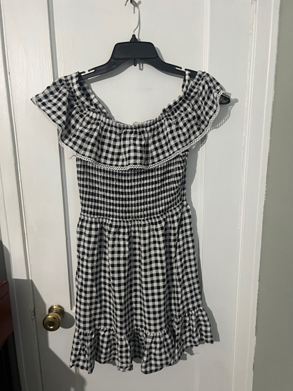 SO Black and White Gingham Off-Shoulder Dress